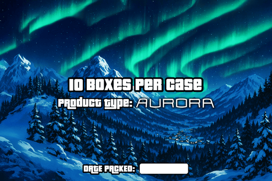 Aurora borealis over a snowy landscape with text overlay about product packaging.