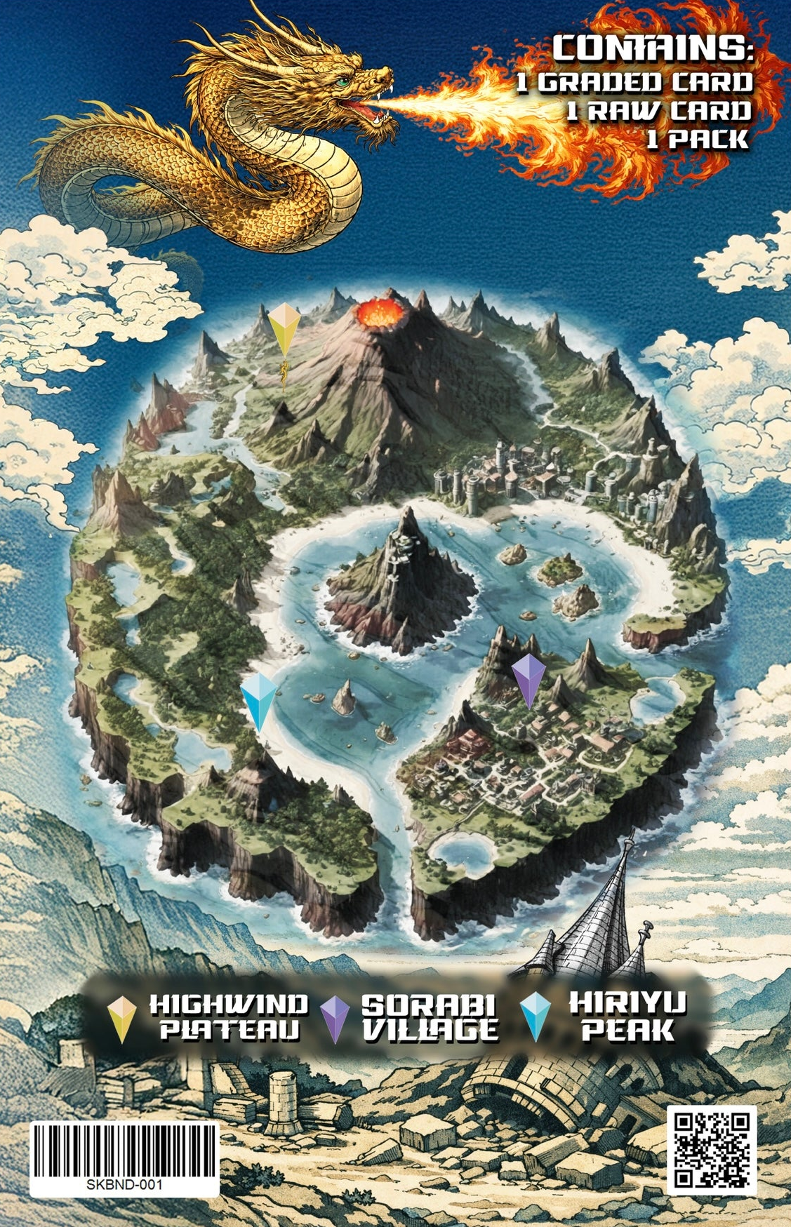 Island map with dragon and火山, featuring text and graphics on a blue background